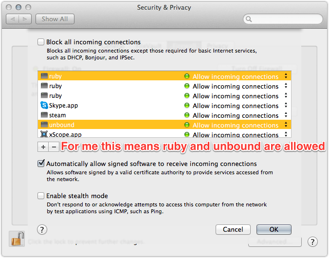 Example of System Preferences Firewall options